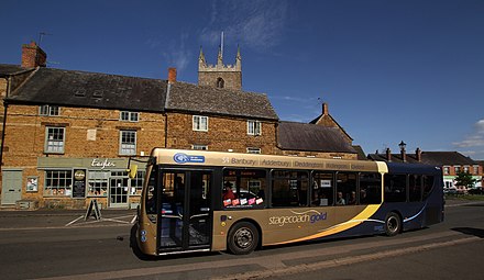 Stagecoach in Oxfordshire Alexander Dennis Enviro300 on route S4 in Deddington Market Place in August 2017 Scania AlexanderDennis Enviro300 YM15 FPT Deddington.jpg