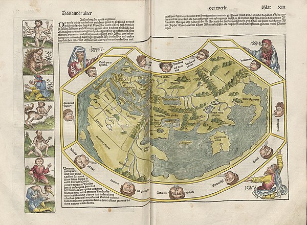 Woodcut from the Nuremberg Chronicle (1493) by Hartmann Schedel depicting the Fortunate Islands in the Atlantic Ocean.