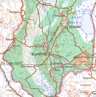 Map of southern Malawi, showing the Shire Highlands and surroundings Shire Highlands map.png