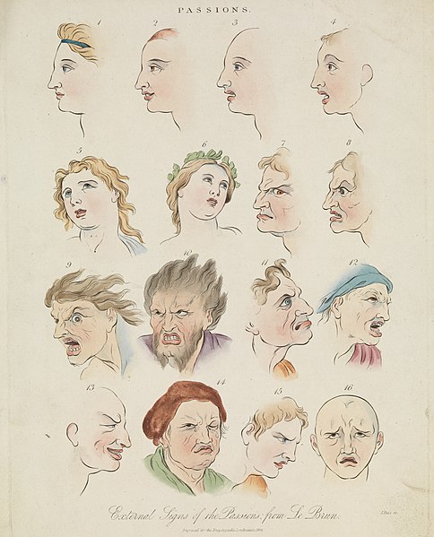 Sixteen faces expressing the human passions – colored engraving by J. Pass, 1821, after Charles Le Brun
