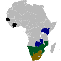 alt=Distribución del rinoceronte blanco del sur según la UICN.
     Existente (Residente)
     Existente y reintroducido (Residente)
     Colonización existente y asistida (Residente)
     Presencia incierta y colonización asistida