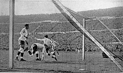 Stábile celebrating Argentina's second goal against Uruguay at the 1930 final