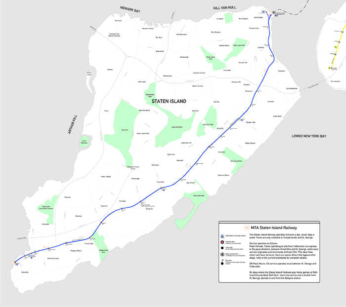 2009 Map of the Staten Island Railway, which includes the now-closed Nassau, Atlantic, and Richmond County Bank Ballpark stations, as well as the now-opened Arthur Kill station.
