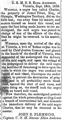 Protest by captain of Eliza Anderson against the Canadian court order freeing a person who had escaped from slavery aboard the steamer Steamboat captain's protest against habeas order.jpg