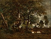 Théodore Rousseau (francia - Fontainebleau-erdő, magas fák klasztere, kilátással a Clair-Bois síkságra Ba ... - Google Art Project.jpg