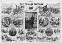 An anti-McClellan poster from Harper's Weekly, drawn by Thomas Nast, showing rioters assaulting children, slave-catchers chasing runaway slaves, and a woman being sold at a slave auction. The Chicago Platform (1864), by Thomas Nast.png