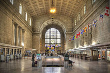 Union Station's ticket lobby, or "Great Hall", is lit with diffused natural light from clerestory windows throughout the lobby. The Great Hall of Union Station in Toronto.jpg