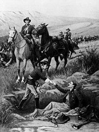Een schets van een cavalerie-officier die een andere gewonde officier begroet op Beecher Island, Colorado, met een bereden trooper van de 10e cavalerie die paard vasthoudt op 25 september 1868