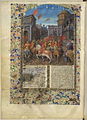Page enluminée avec une miniature centrale représentant une armée de chevalier au milieu d'une ville romaine.