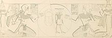 Drawing from tomb KV18, over the entrance: pharaoh Ramesses X worships Khepri and a ram-headed god; partially reconstructed by Lepsius. [Lepsius' Denkmaeler, Abtheilung III (Band VII), pl. 240] Tomb KV18 Ramesses X Lepsius.jpg