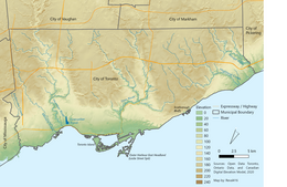 Topographical map of Toronto. The terrain increases steadily away from the shoreline. Topographical Map of Toronto.png