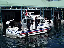 Marine unit boat outside the unit's station at Harbourfront TorontoPoliceMarineUnit.jpg