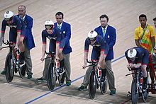 Wiggins (far left) with the British team pursuit squad at the 2016 Summer Olympics in Rio Track cycling at the 2016 Summer Olympics 5.jpg