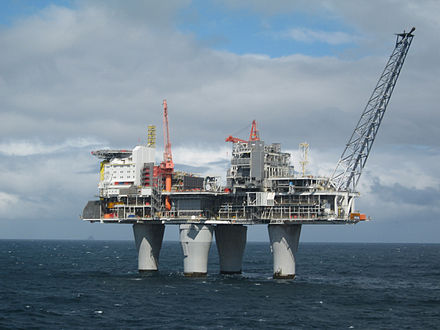 Fifteen storey tall continuous slip formed support legs under the Troll A Oil Platform in 1000 ft (303 m). Troll A Platform.jpg