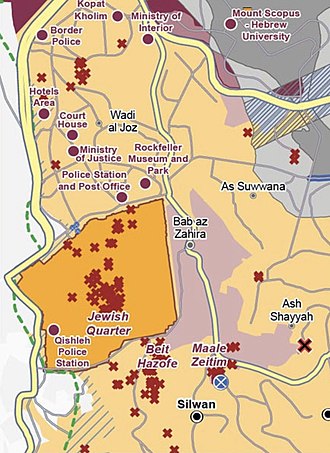 UN map showing the City of David area as a series of Israeli "Inner Settlements" - each represented as red crosses - around "Beit Hazofe" (byt hTSvph, "Observation House"), and adjacent to Silwan and Ma'ale HaZeitim. UN map of Israeli Inner Settlement Ring around Jerusalem.jpg