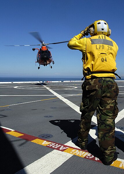 File:US Navy 100810-N-2515C-008 Landing signal enlisted Aviation Boatswain's Mate (Handling) 3rd Class Troy Palomino directs an H-65.jpg