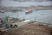 Ishinomaki port on 20 March 2011 showing heavy damage to ships and port facilities caused by the 11 March 2011 tsunami