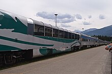 One of Via's three Colorado Railcar-built "Panorama" domes on the rear of the Canadian in 2012. VIA Rail train, Jasper Heritage Railway Station.jpg