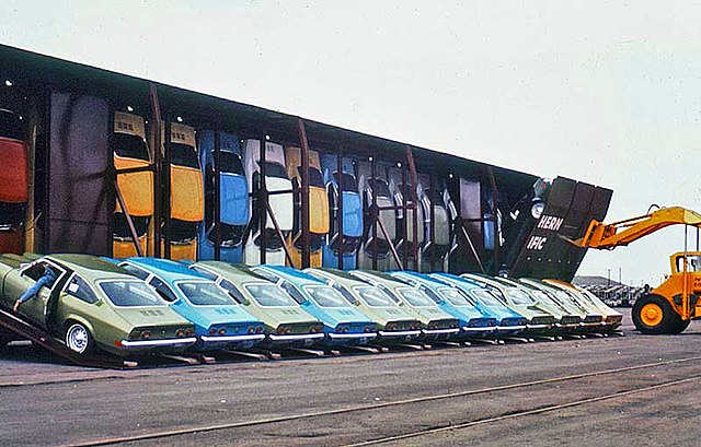 A Vert-A-Pac car being loaded with new automobiles