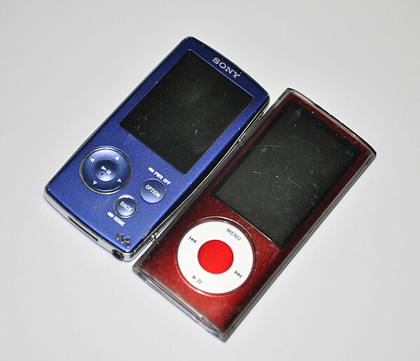 Two flash memory type pocket-size PMPs: Sony's Walkman A810 and Apple's iPod Nano (late 2000s)