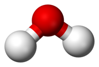 Pure water (H2O) is an example of a compound. The ball-and-stick model of the molecule shows the spatial association of two parts hydrogen (white) and one part oxygen (red)