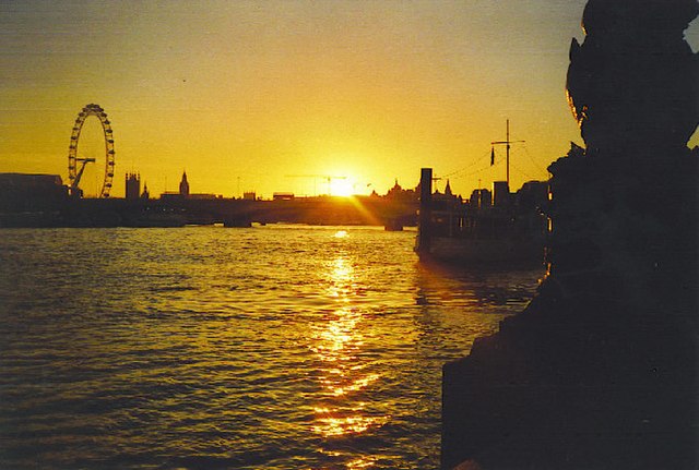 A sunset over Waterloo, taken from the Victoria Embankment in 2001