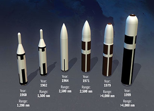 Weapons of the FBM submarines (left to right): Polaris A1, Polaris A2, Polaris A3, Poseidon, Trident I and Trident II