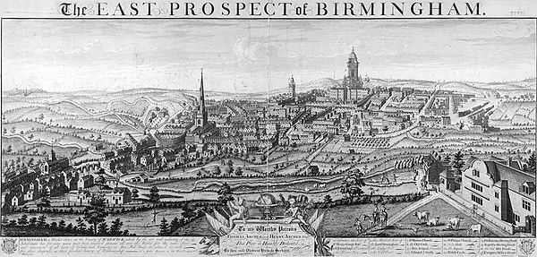 Birmingham in 1732; all of the area seen is now located within the city centre.