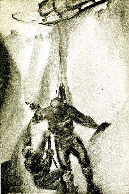 Drawing of two men dangling in a crevasse from a sledge above