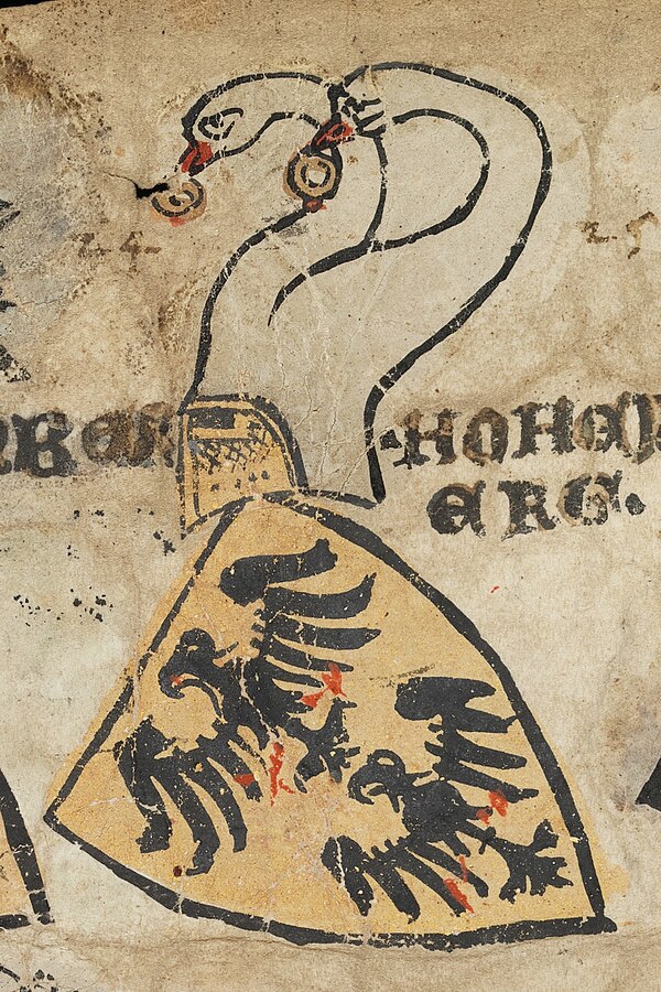 Or two eagles sable armed gules for Homberg (Zürich armorial, c. 1340). At this time, the black-on-gold eagle could still be used for a family of the 