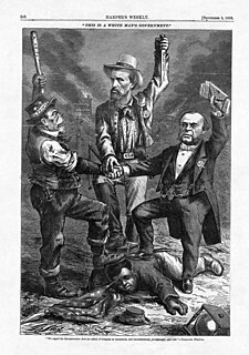 September 1868 Nast cartoon "This is a White Man's Government!" depicting left to right a stereotyped Irishman (representing a Northern Democratic party member), an ex-Confederate soldier (Nathan B. Forrest, representing a Southern Democratic party member), and Democratic party chairman August Belmont "triumphing" over a prostrate USCT soldier