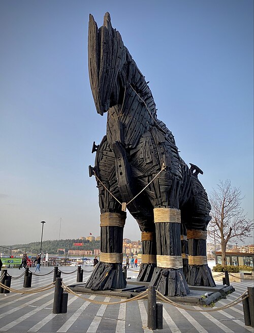 The Trojan horse that appeared in the 2004 film Troy now stands on the Çanakkale waterfront.