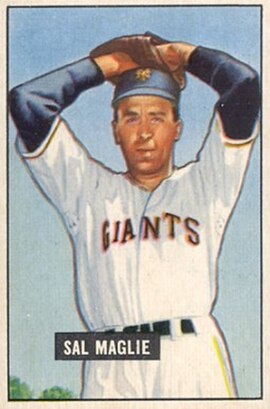 1951 Bowman Gum baseball card of Maglie with the New York Giants