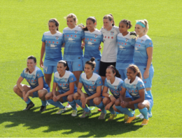Players in the starting lineup for a women's association football (soccer) game posing for a pre-game photo 2016-06-12-CRS-lineup.png