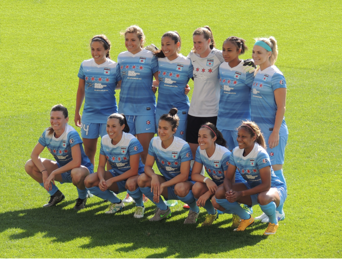 June 12, 2016 - Chicago Red Stars starting lineup against Portland Thorns FC. Left to right, front row: Arin Gilliland, Vanessa DiBernardo, Jen Hoy, Amanda DaCosta, Casey Short; back row: Danielle Colaprico, Sofia Huerta, Christen Press (c), Alyssa Naeher, Samantha Johnson, Julie Johnston 2016-06-12-CRS-lineup.png