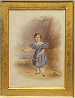 English watercolour, 1836. Boy in short dress with visible pantalettes as underwear.