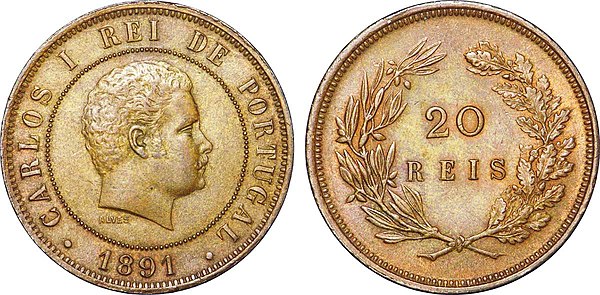 Carlos I of Portugal on a 20 Reis coin, 1891
