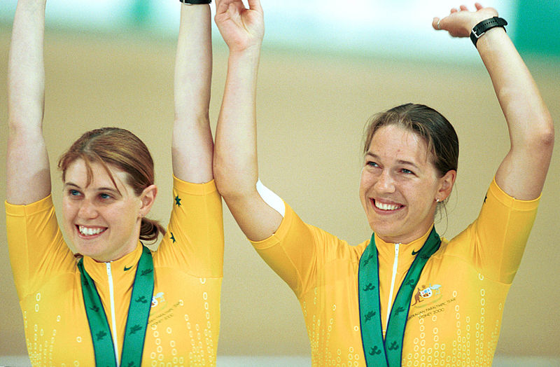 File:231000 - Cycling track Tania Modra Sarnya Parker celebrate gold - 3b - 2000 Sydney podium photo.jpg