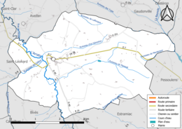 Carte en couleur présentant le réseau hydrographique de la commune