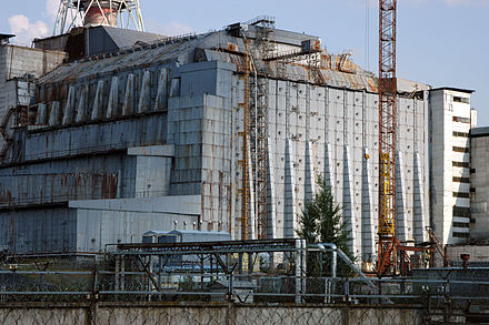 The Sarcophagus before it was covered by the New Safe Confinement building.