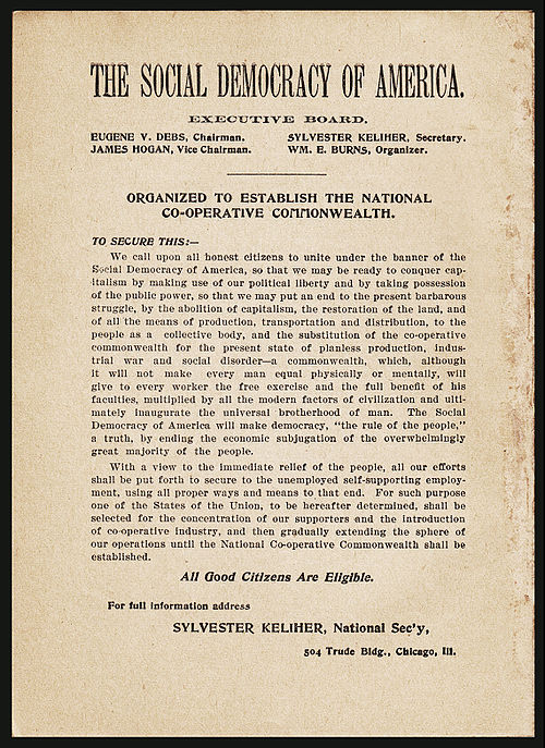 This 1897 ad by Debs' Social Democracy of America states that "one of the States of the Union, to be hereafter determined, shall be selected for conce