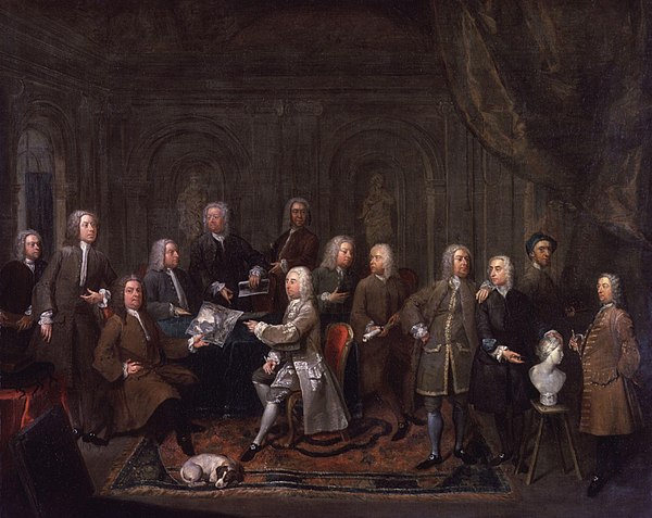 Mrs Montagu's father, Robinson, is in the centre of this group portrait of Virtuosis by Gawen Hamilton.