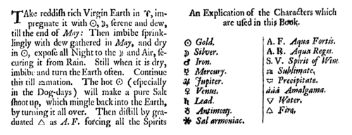 An extract and symbol key from Kenelm Digby's A Choice Collection of Rare Secrets, 1682
