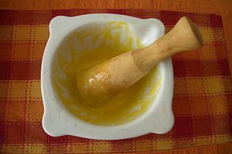 An aioli made of garlic, salt, egg yolk and olive oil