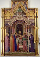 安布羅吉奧·羅倫澤蒂（英语：Ambrogio Lorenzetti）的《廟宇獻聖（英语：Presentation at the Temple (Ambrogio Lorenzetti)）》，252 × 142 cm，約繪於1342年，1913年始藏[17]