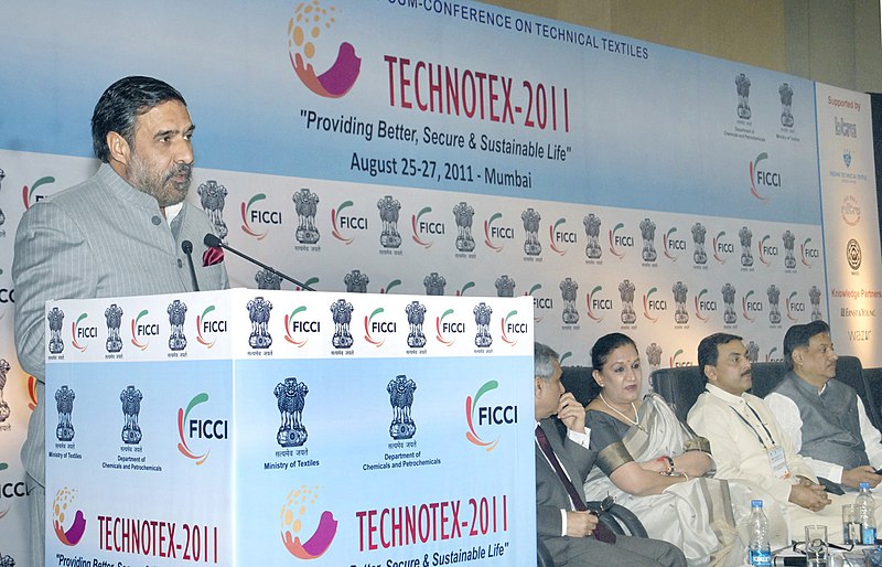 File:Anand Sharma delivering the inaugural address at the 1st International Conference on Technical Textiles – TECHNOTEX 2011, in Mumbai. The Chief Minister Maharashtra, Shri Prithviraj Chavan and the Secretary.jpg