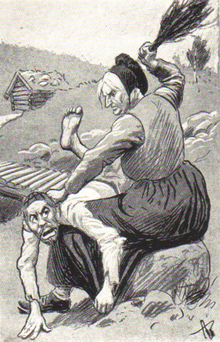Caricature représentant un homme recevant des coups de branches.
