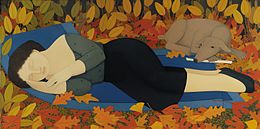 Woman with Autumn Leaves, oil on linen (36 x 72) 1994. Private collection.