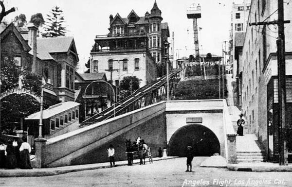Angels Flight; c. 1905, View of the original Angels Flight with the Third Street Tunnel and an observation tower