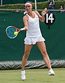 Anhelina Kalinina competing in the first round of the 2015 Wimbledon Qualifying Tournament at the Bank of England Sports Grounds in Roehampton, England. The winners of three rounds of competition qualify for the main draw of Wimbledon the following week.